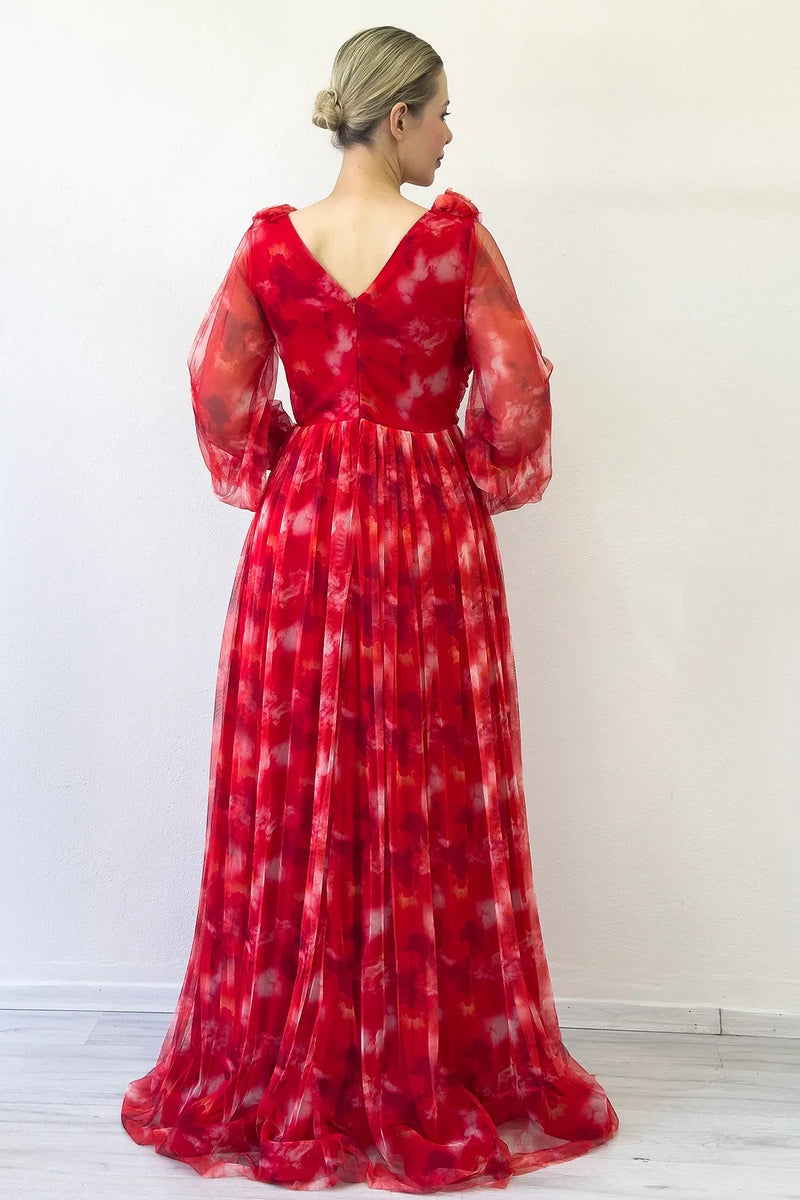 Kadın Kırmızı Çiçek Detay Desenli Büyük Beden Abiye Elbise 