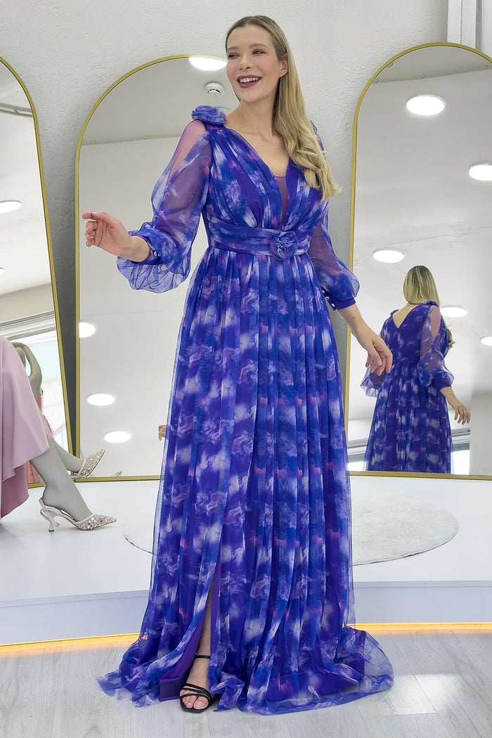 Kadın Mor Çiçek Detay Desenli Büyük Beden Abiye Elbise 