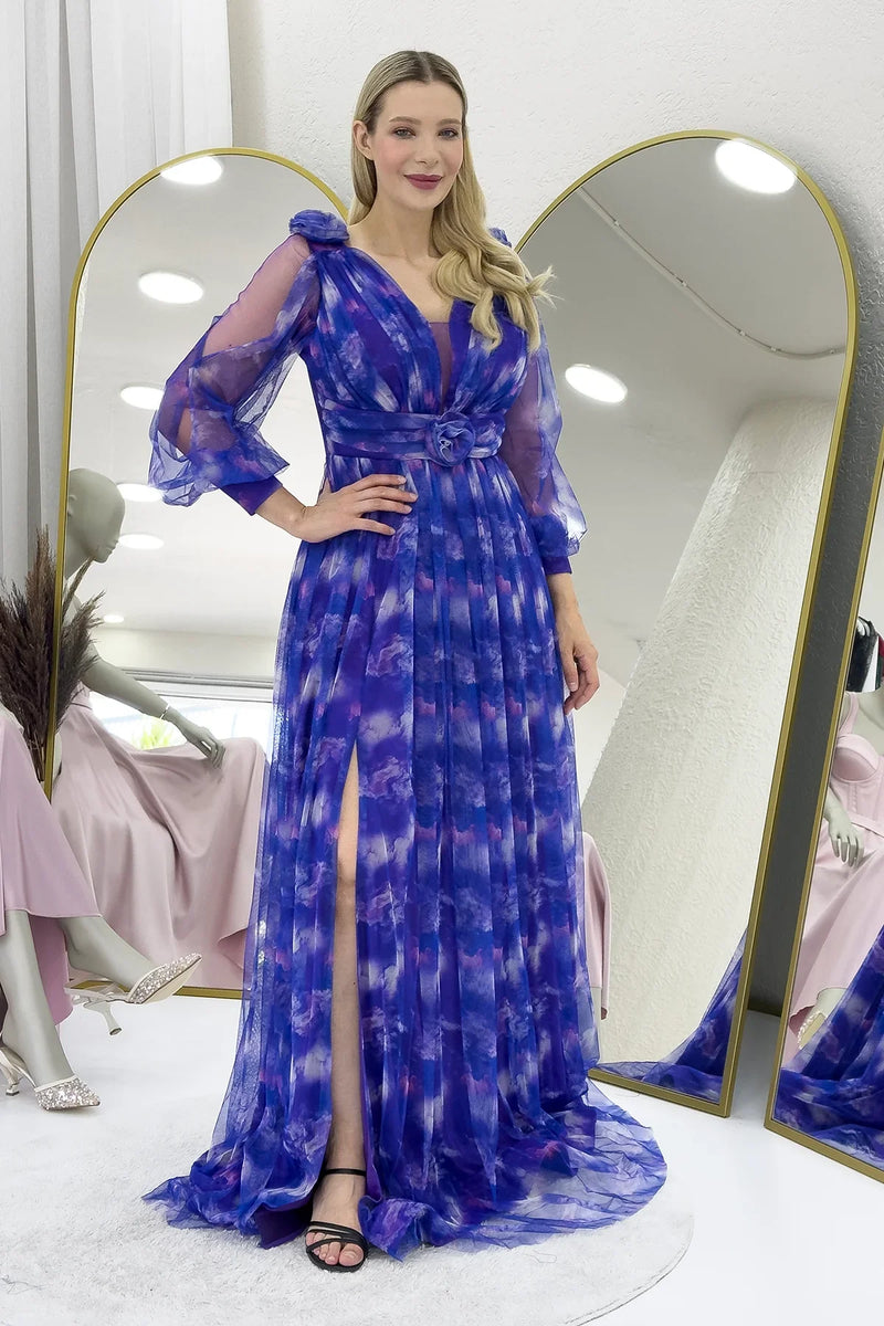 Kadın Mor Çiçek Detay Desenli Büyük Beden Abiye Elbise 