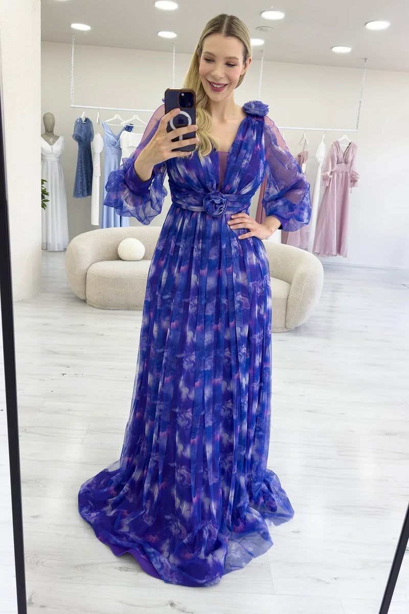 Kadın Mor Çiçek Detay Desenli Büyük Beden Abiye Elbise 