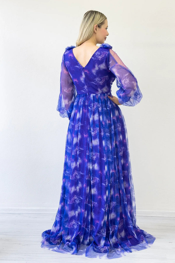 Kadın Mor Çiçek Detay Desenli Büyük Beden Abiye Elbise 