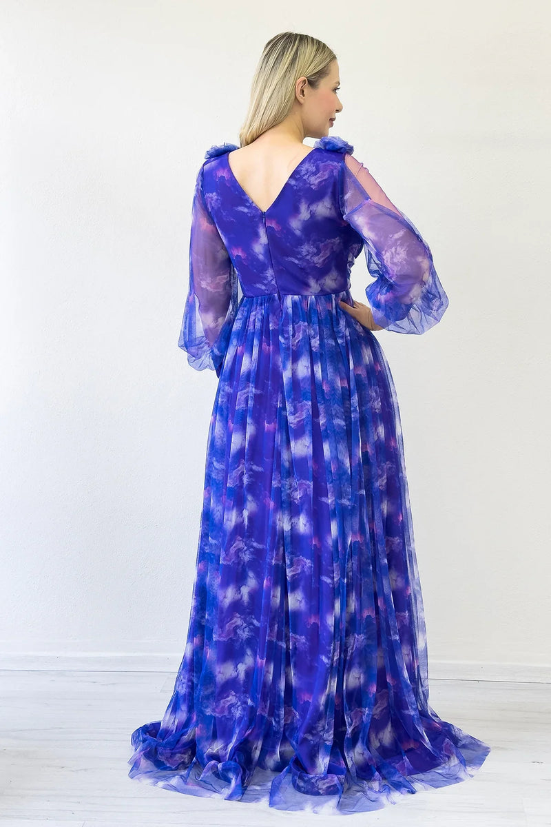 Kadın Mor Çiçek Detay Desenli Büyük Beden Abiye Elbise 