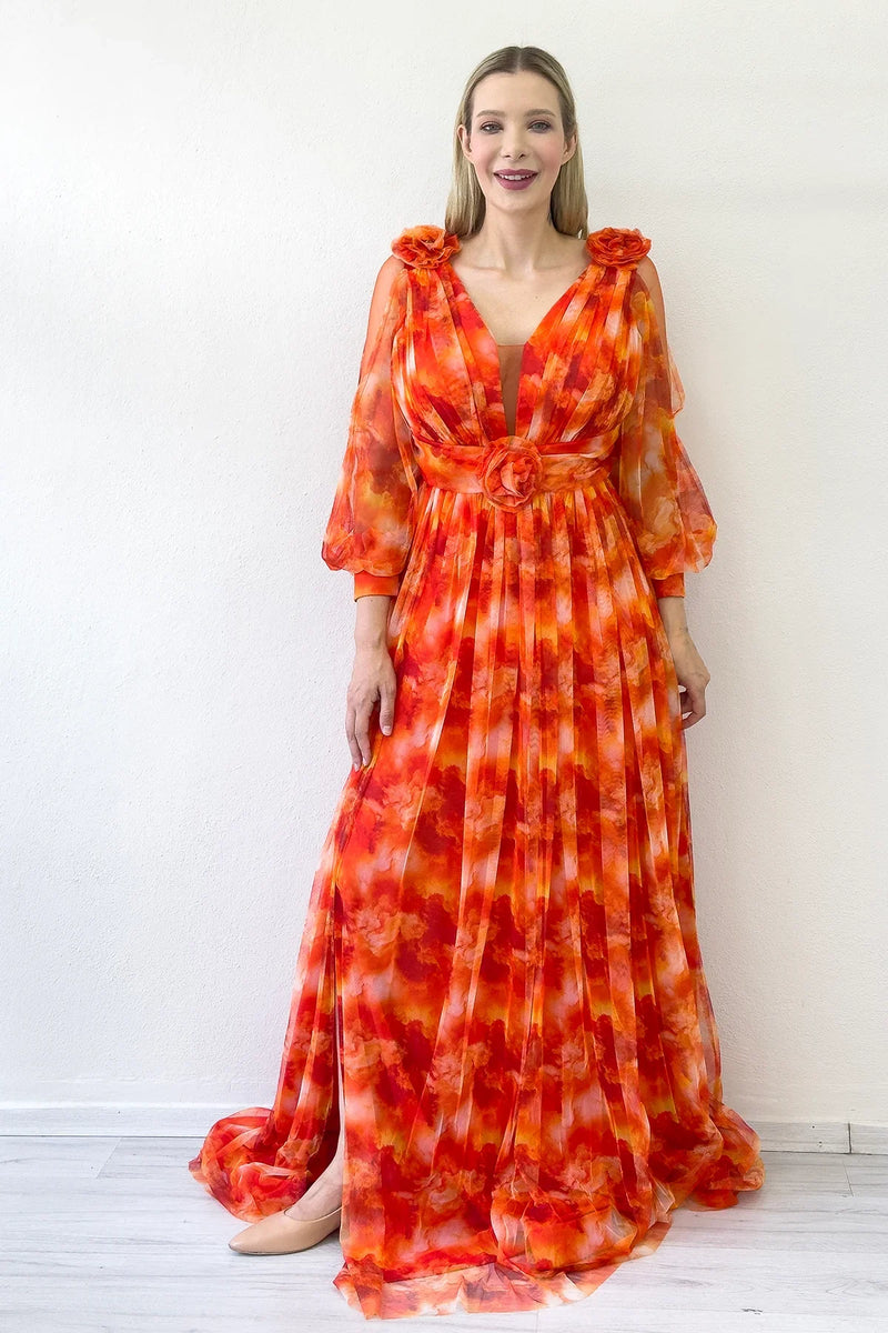 Kadın Turuncu Çiçek Detay Desenli Büyük Beden Abiye Elbise