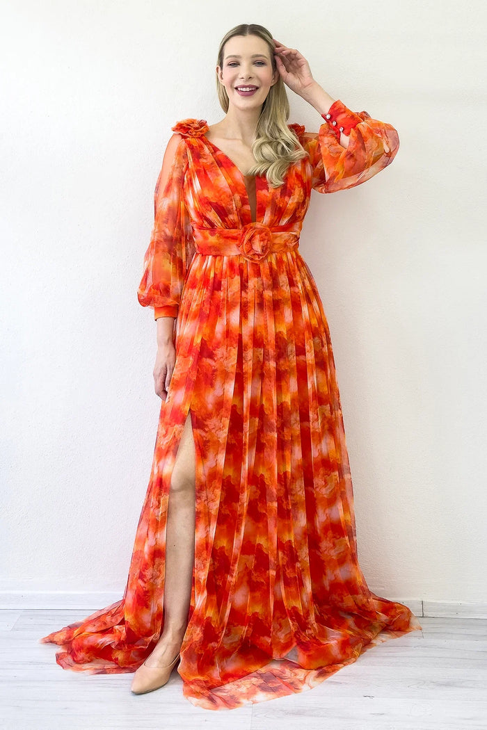 Kadın Turuncu Çiçek Detay Desenli Büyük Beden Abiye Elbise