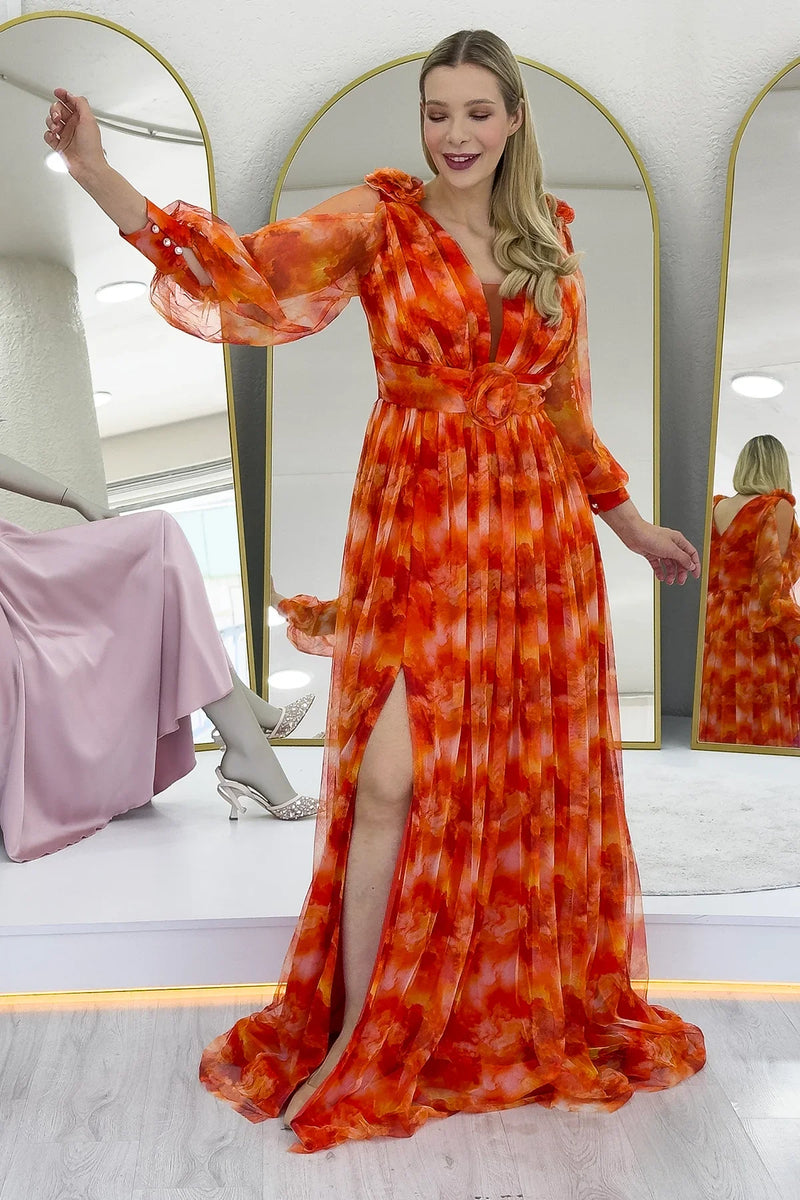 Kadın Turuncu Çiçek Detay Desenli Büyük Beden Abiye Elbise