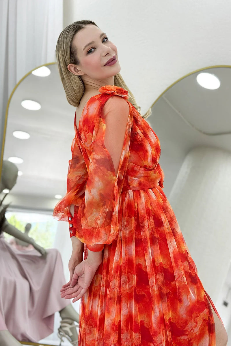 Kadın Turuncu Çiçek Detay Desenli Büyük Beden Abiye Elbise