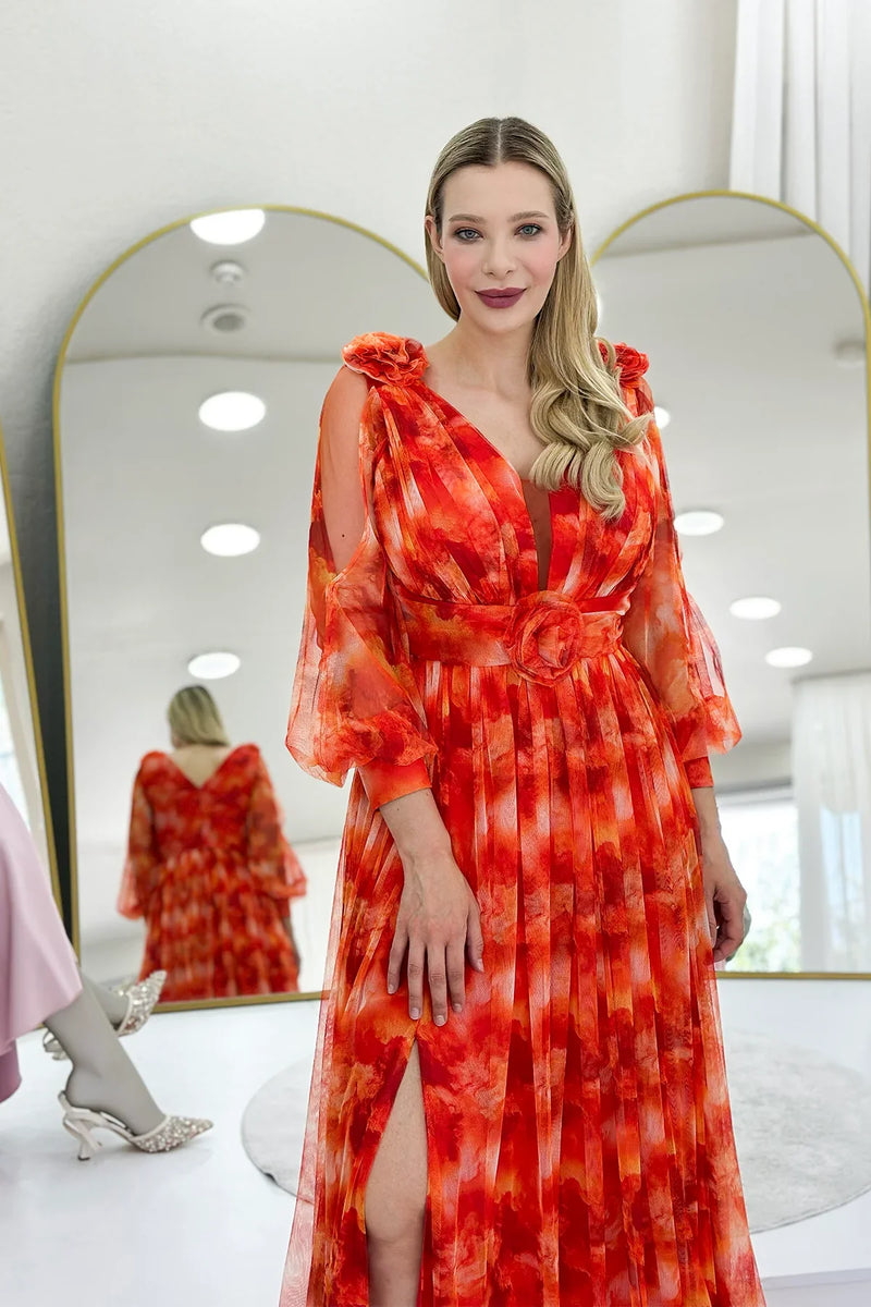 Kadın Turuncu Çiçek Detay Desenli Büyük Beden Abiye Elbise