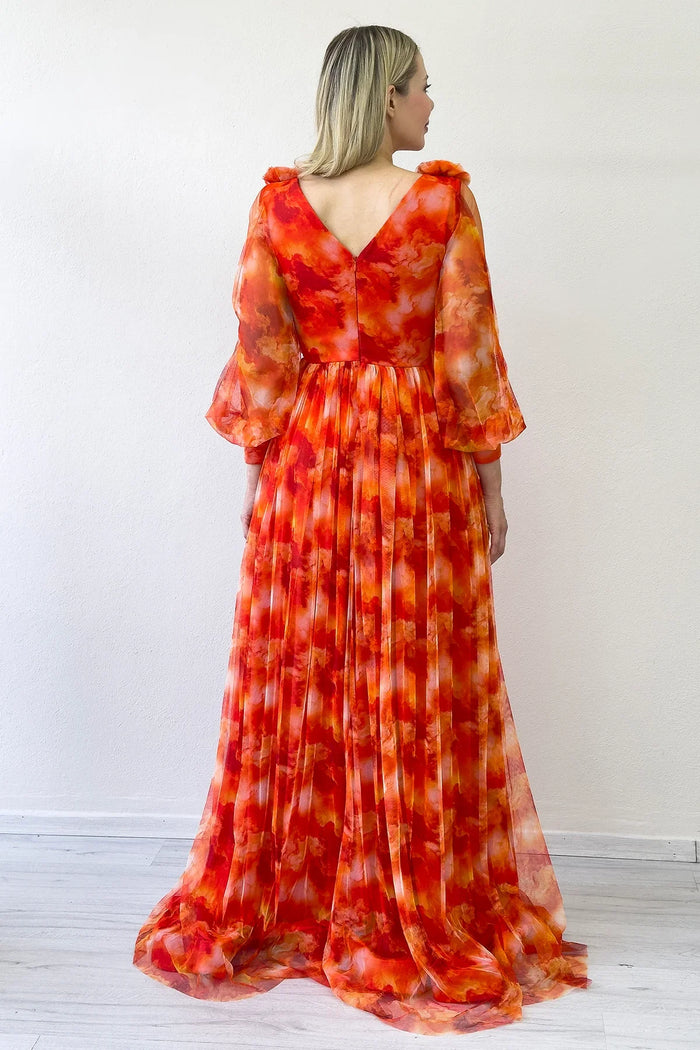 Kadın Turuncu Çiçek Detay Desenli Büyük Beden Abiye Elbise