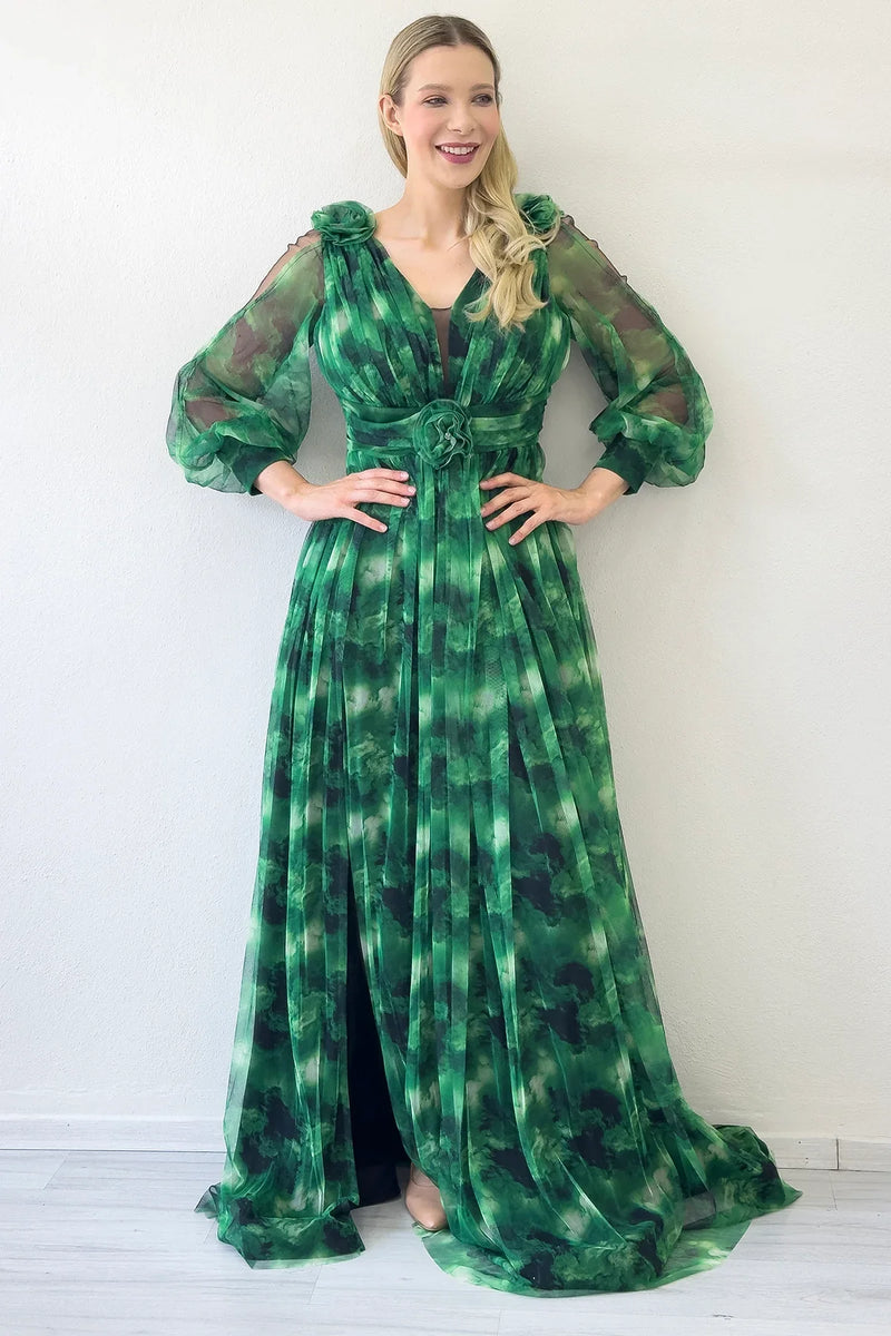 Kadın Yeşil Çiçek Detay Desenli Büyük Beden Abiye Elbise