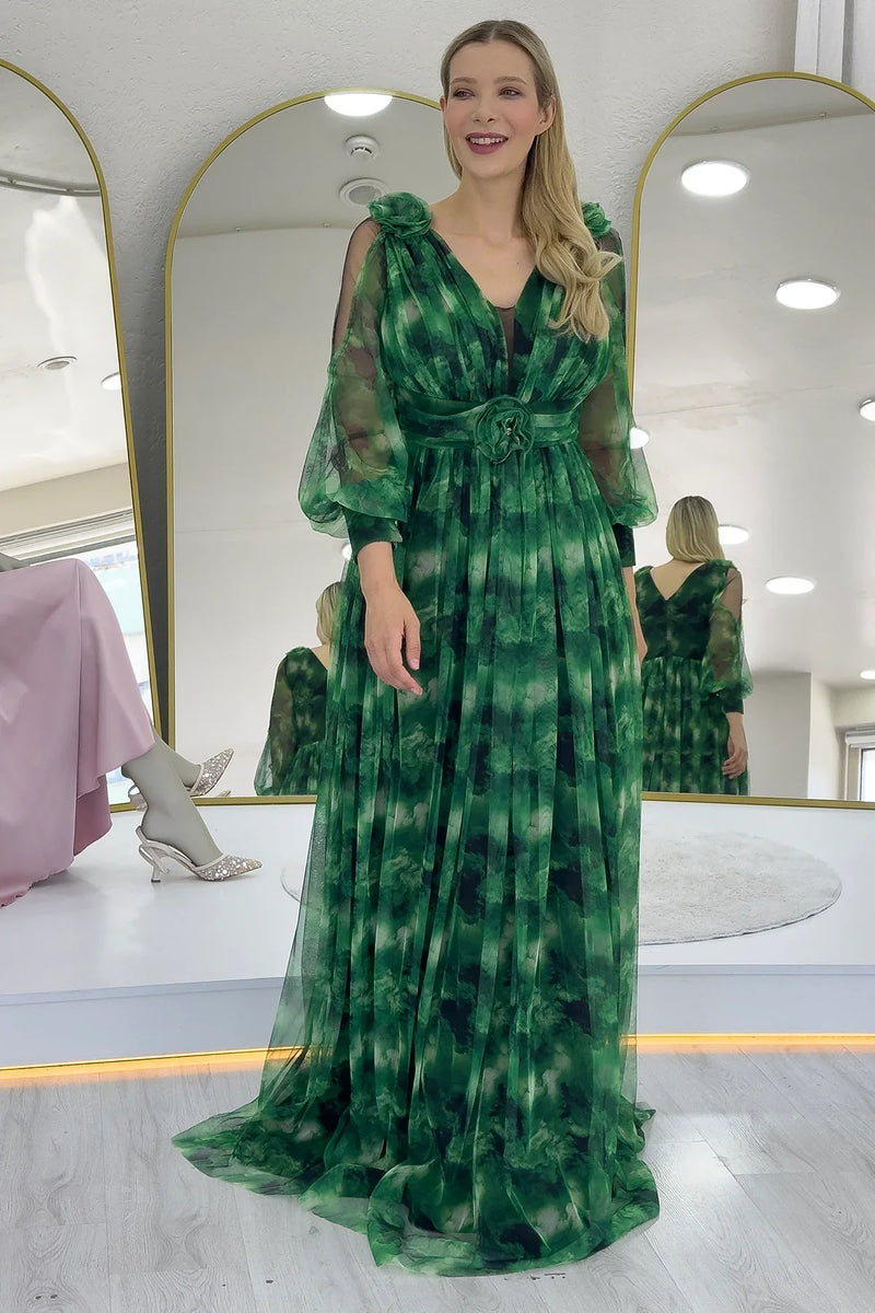 Kadın Yeşil Çiçek Detay Desenli Büyük Beden Abiye Elbise