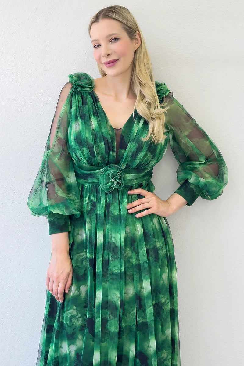 Kadın Yeşil Çiçek Detay Desenli Büyük Beden Abiye Elbise