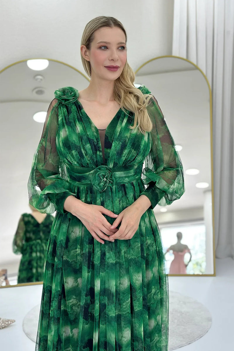 Kadın Yeşil Çiçek Detay Desenli Büyük Beden Abiye Elbise