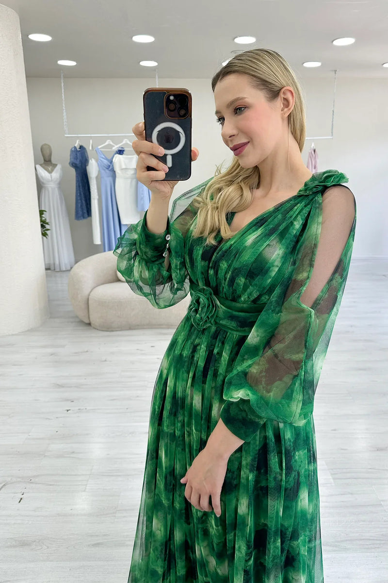 Kadın Yeşil Çiçek Detay Desenli Büyük Beden Abiye Elbise