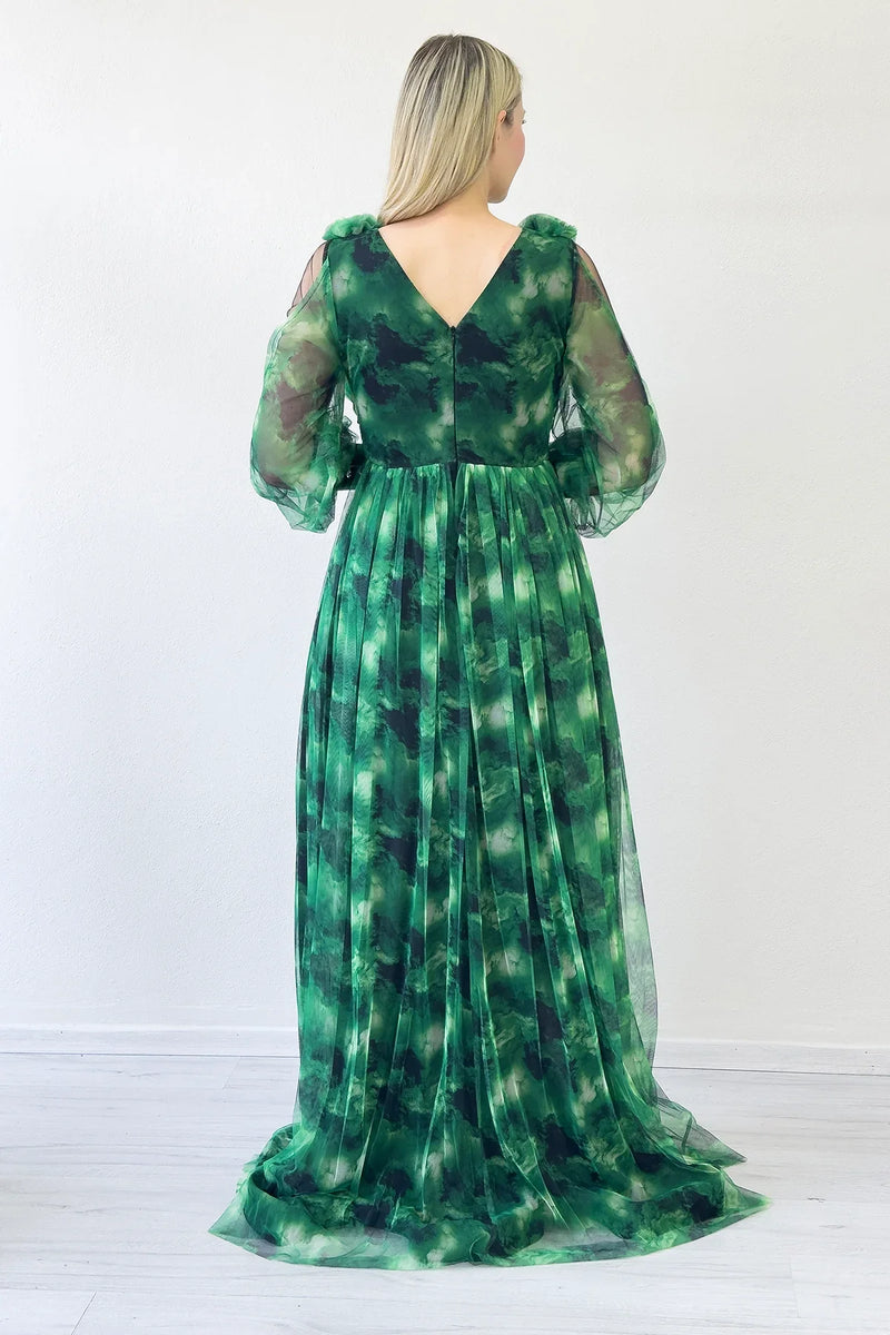 Kadın Yeşil Çiçek Detay Desenli Büyük Beden Abiye Elbise