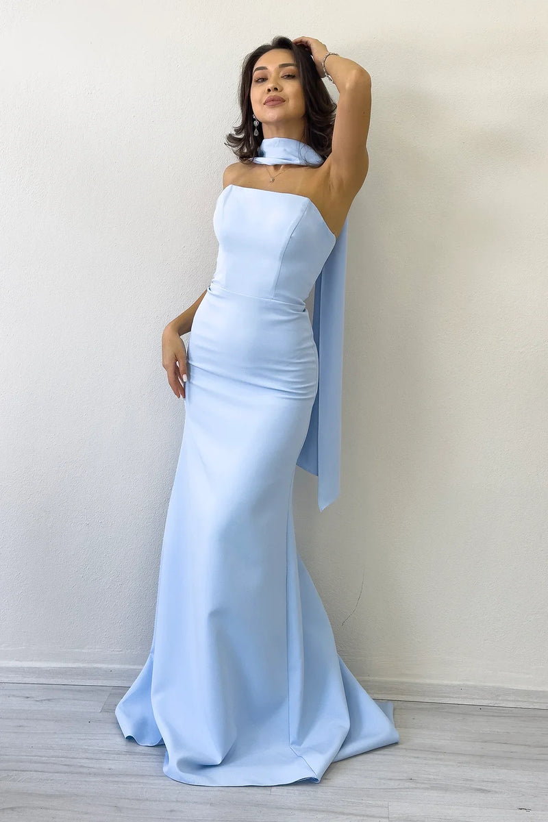 Kadın Bebe Mavi Şal Yaka Detay Straplez Balık Abiye 