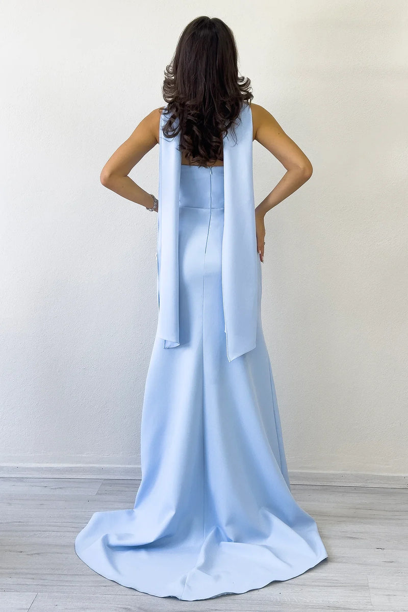 Kadın Bebe Mavi Şal Yaka Detay Straplez Balık Abiye 