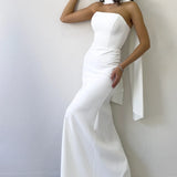 Kadın Beyaz Şal Yaka Detay Straplez Balık Nikah Abiye Elbise