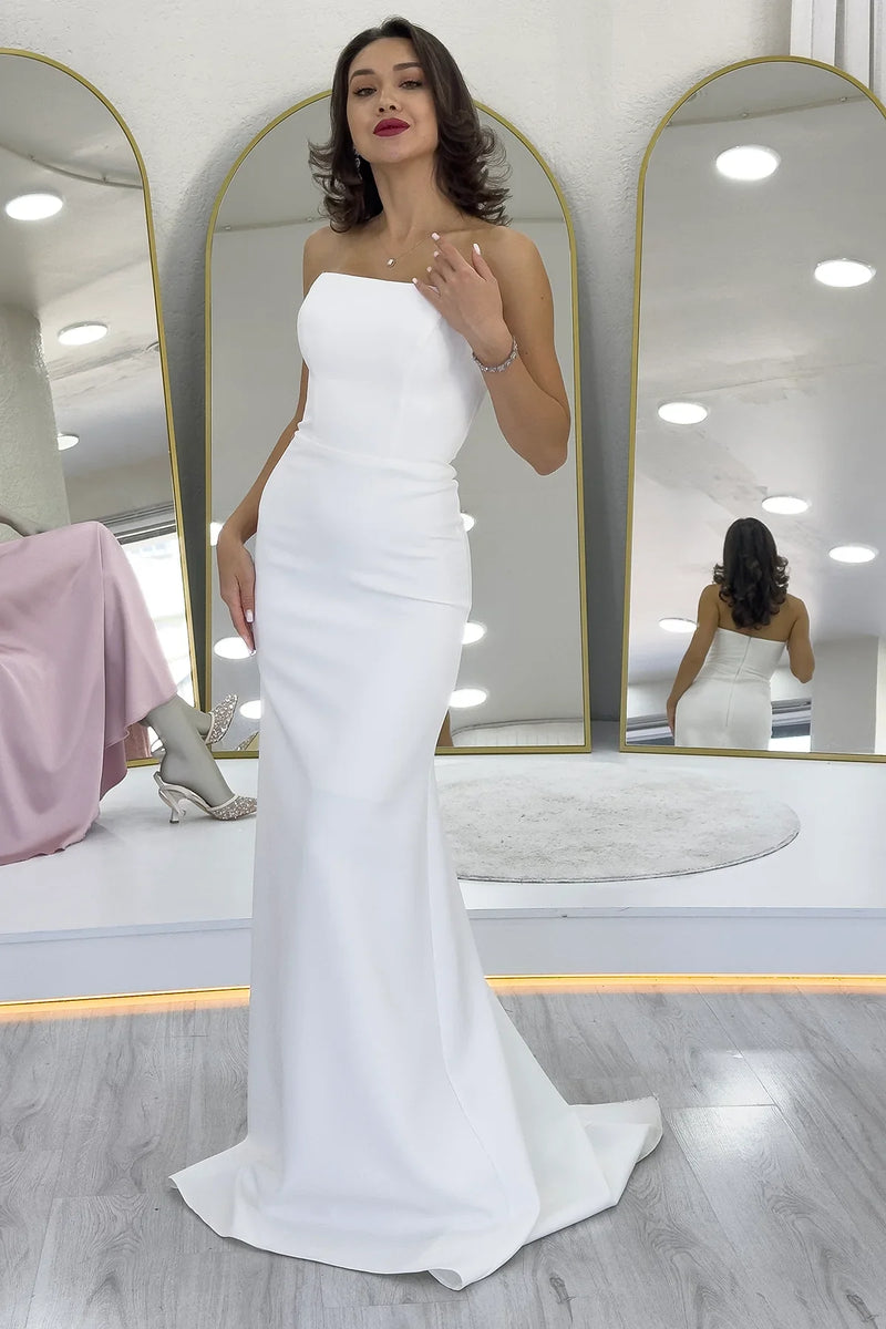 Kadın Beyaz Şal Yaka Detay Straplez Balık Nikah Abiye 