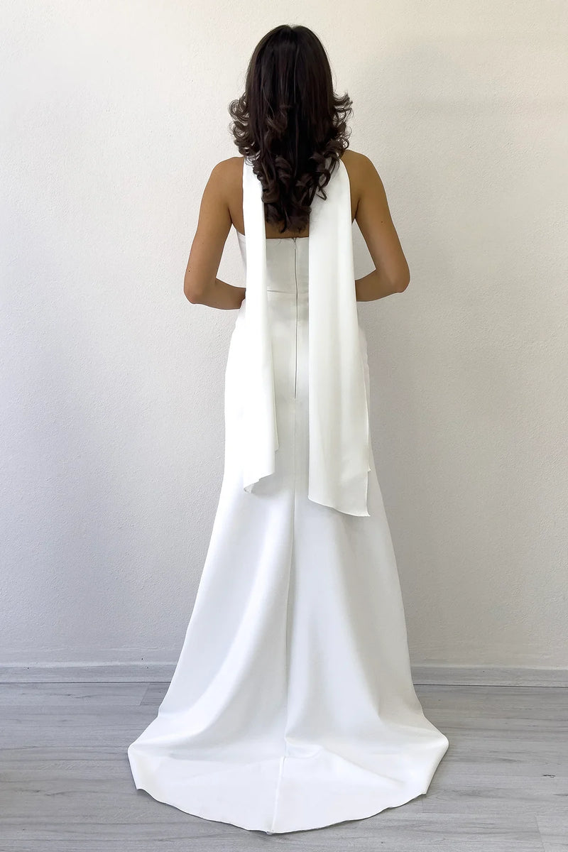 Kadın Beyaz Şal Yaka Detay Straplez Balık Nikah Abiye 