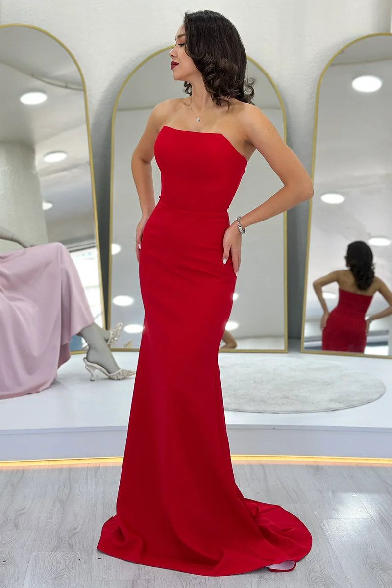 Kadın Kırmızı Şal Yaka Detay Straplez Balık Abiye Elbise