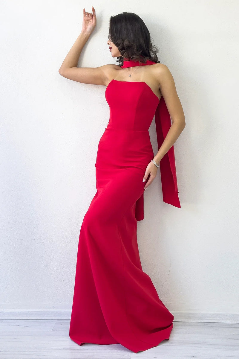Kadın Kırmızı Şal Yaka Detay Straplez Balık Abiye Elbise