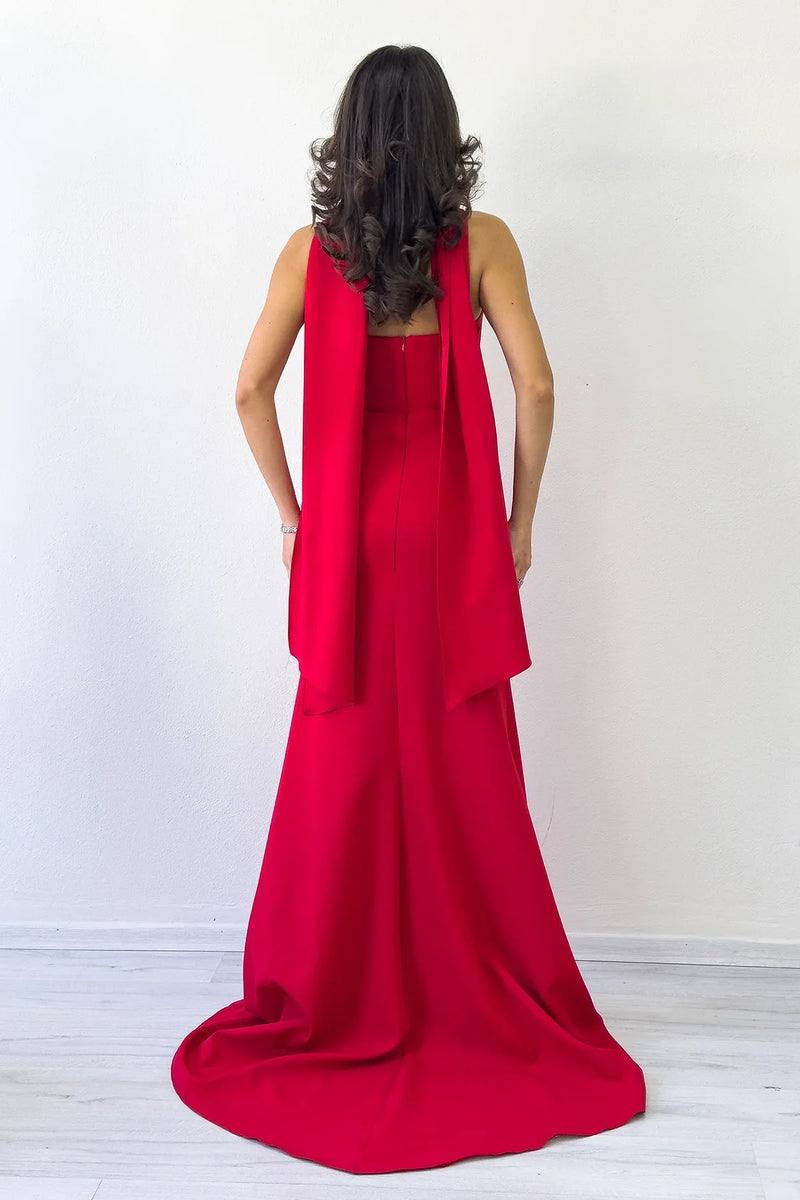 Kadın Kırmızı Şal Yaka Detay Straplez Balık Abiye Elbise