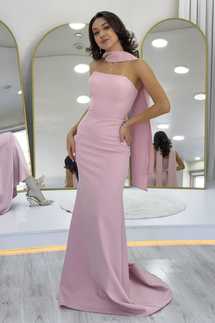 Kadın Pudra Şal Yaka Detay Straplez Balık Abiye Elbise