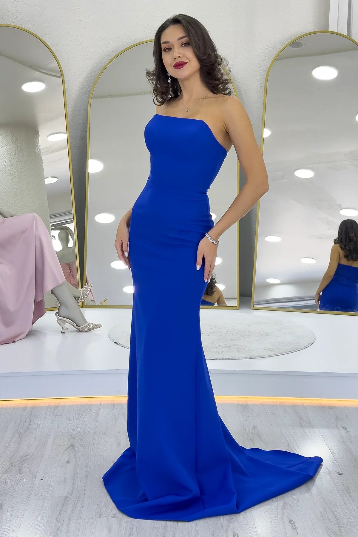 Kadın Saks Mavi Şal Yaka Detay Straplez Balık Abiye Elbise