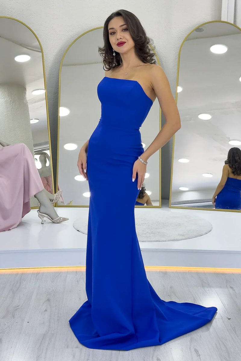 Kadın Saks Mavi Şal Yaka Detay Straplez Balık Abiye Elbise