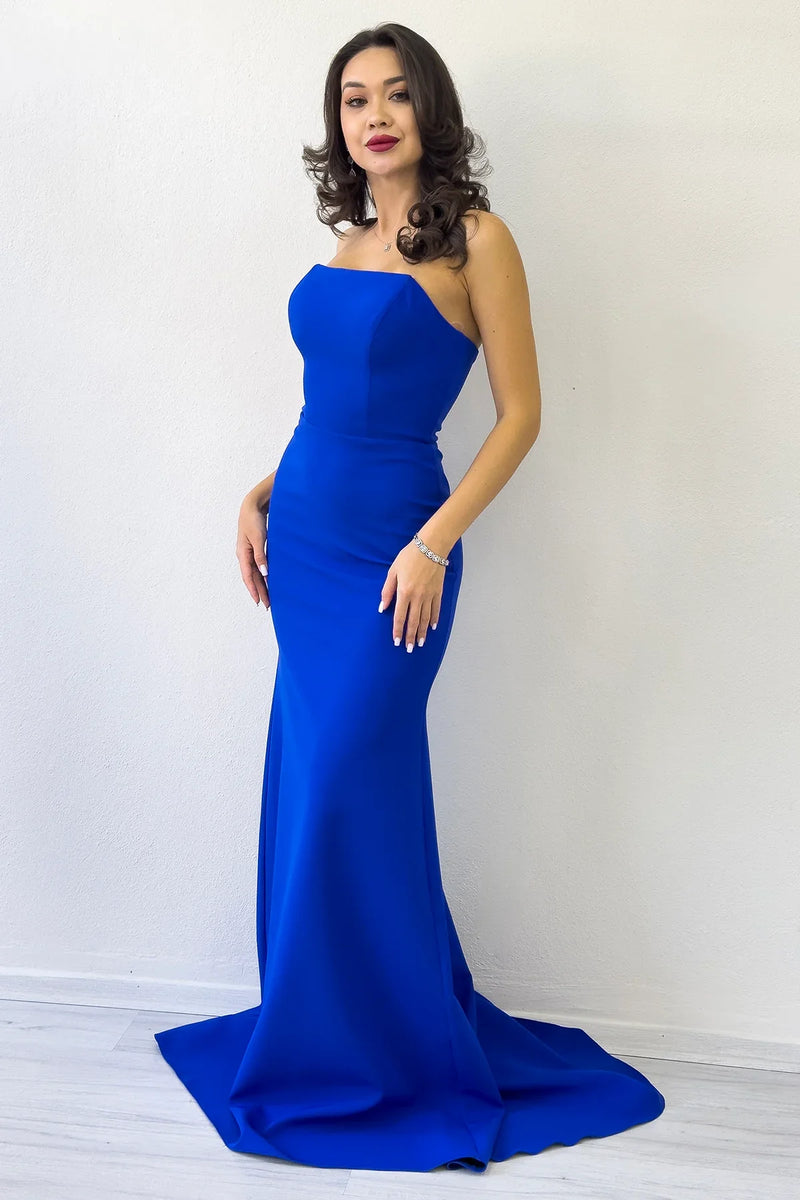 Kadın Saks Mavi Şal Yaka Detay Straplez Balık Abiye Elbise