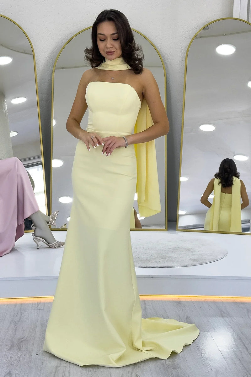 Kadın Açık Sarı Şal Yaka Detay Straplez Balık Abiye Elbise