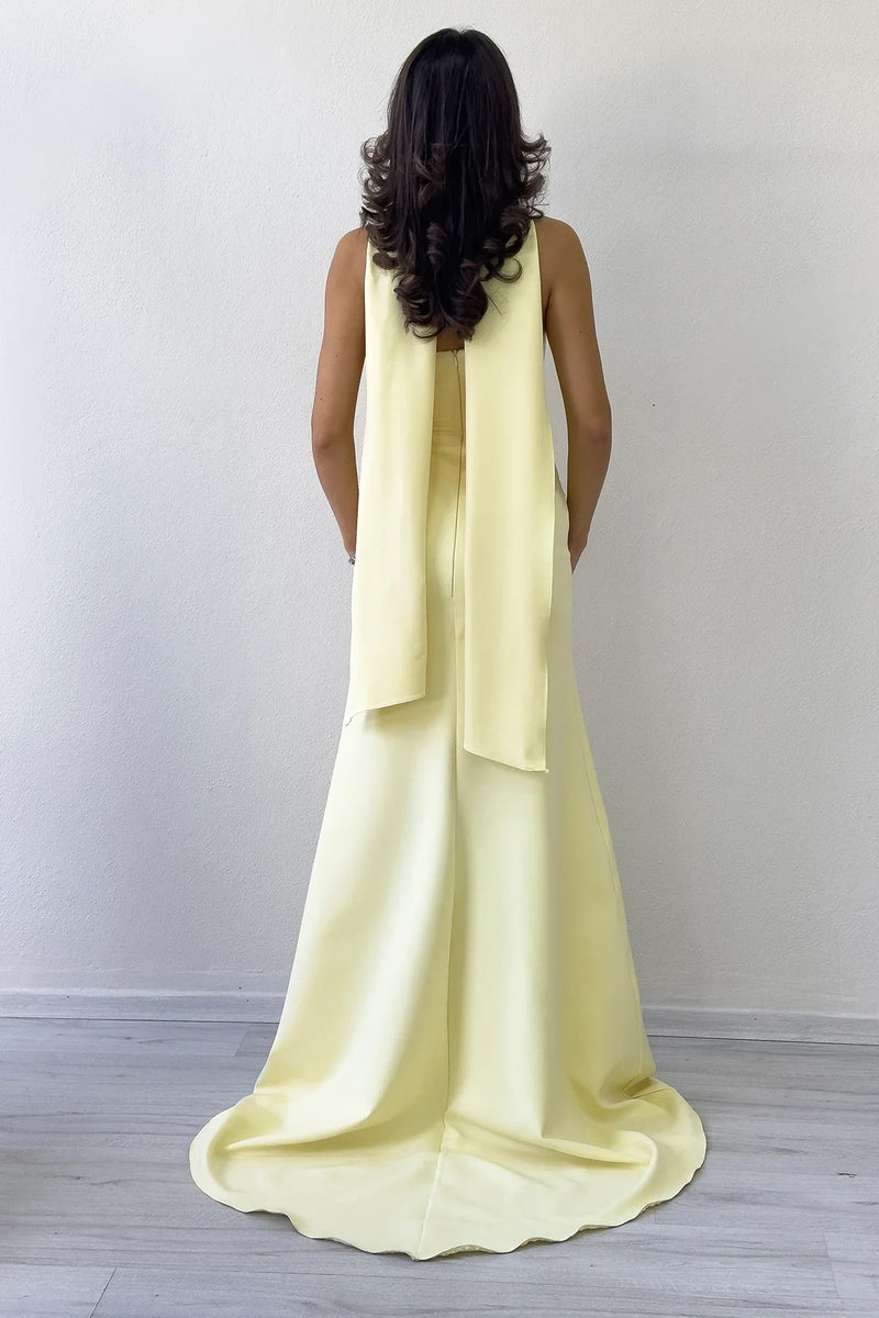 Kadın Açık Sarı Şal Yaka Detay Straplez Balık Abiye Elbise