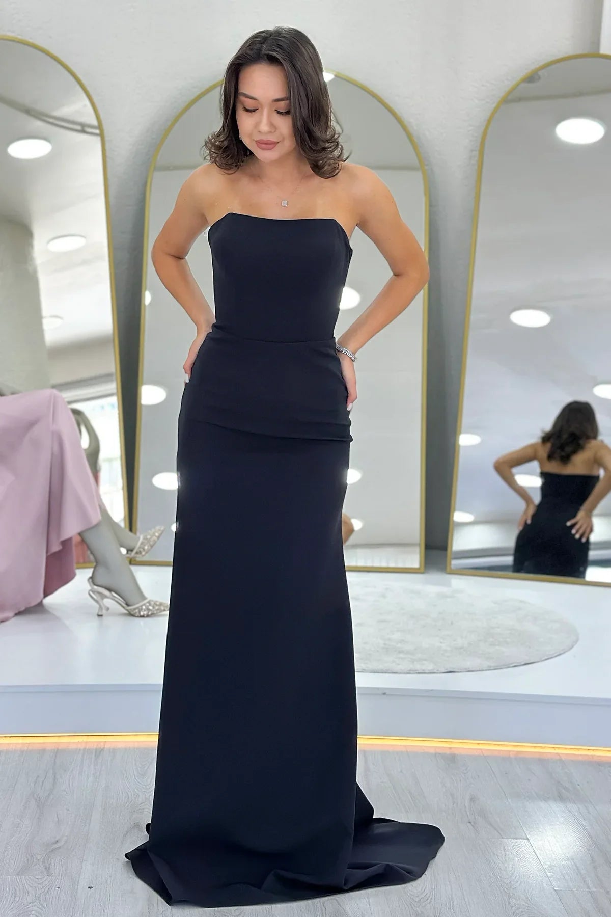 Kadın Siyah Şal Yaka Detay Straplez Balık Abiye Elbise