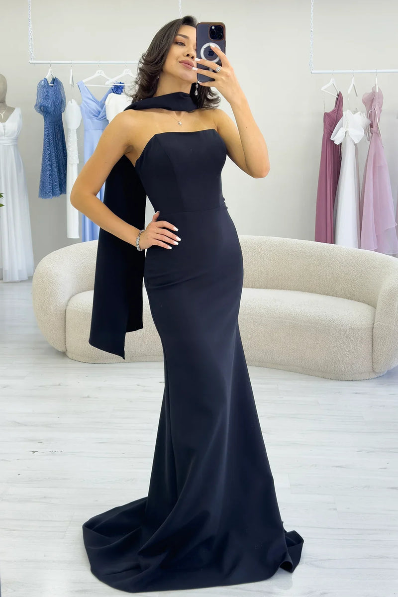 Kadın Siyah Şal Yaka Detay Straplez Balık Abiye Elbise