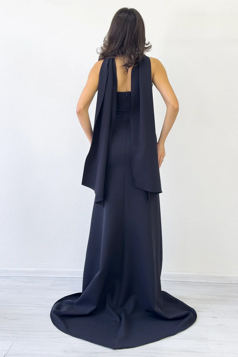 Kadın Siyah Şal Yaka Detay Straplez Balık Abiye Elbise