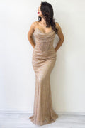 Gold Straplez Korse Detay İşlemeli Uzun Abiye Elbise