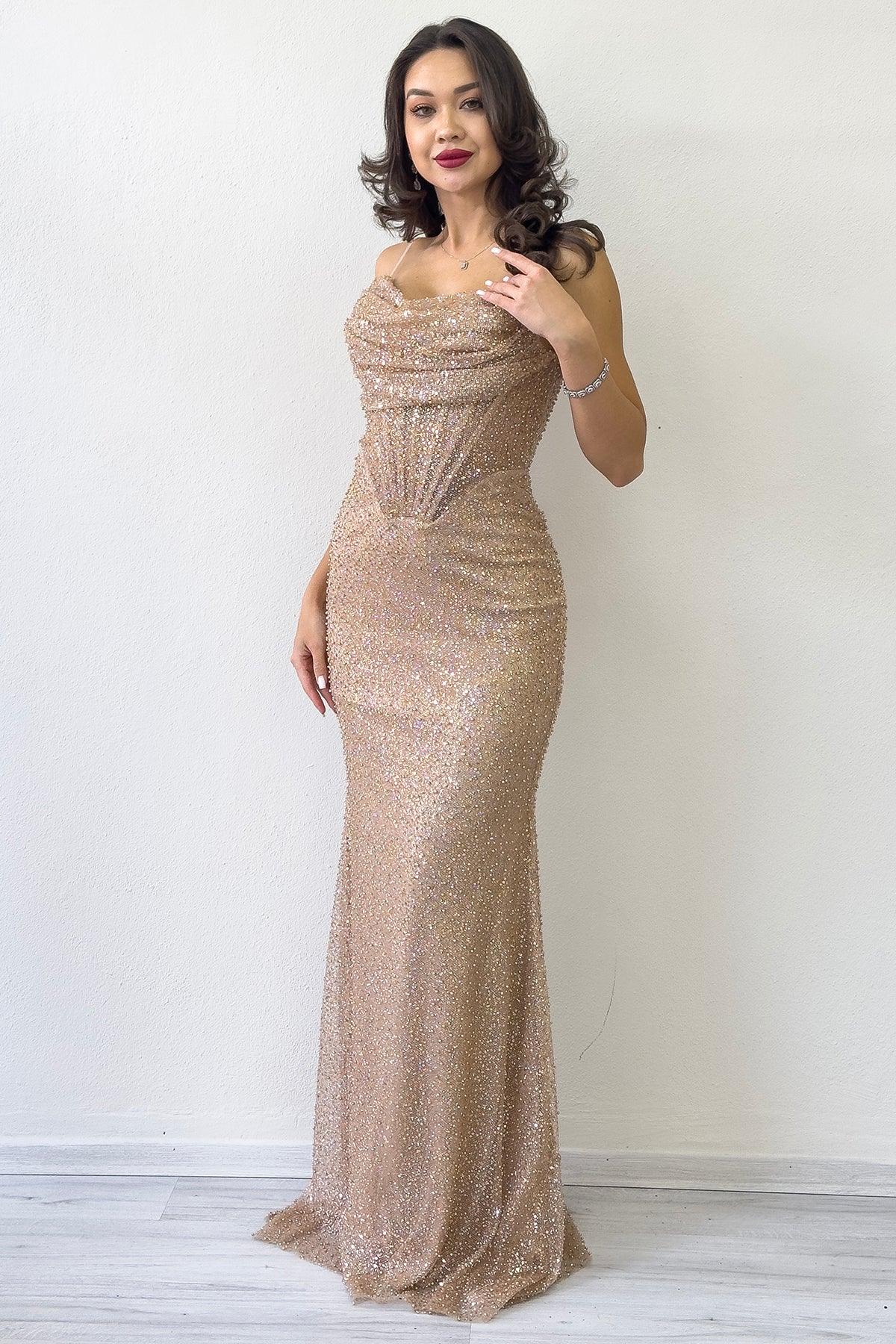 Gold Straplez Korse Detay İşlemeli Uzun Abiye Elbise