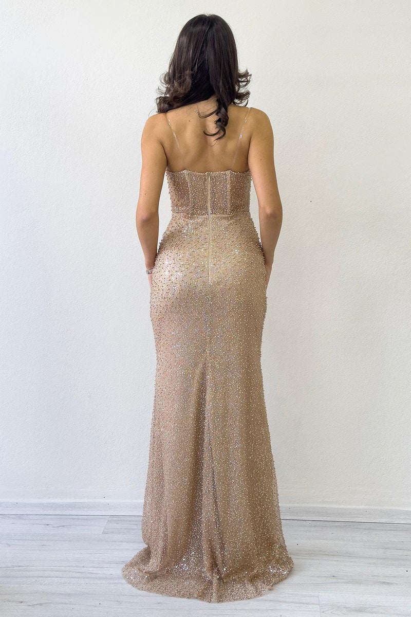 Gold Straplez Korse Detay İşlemeli Uzun Abiye Elbise