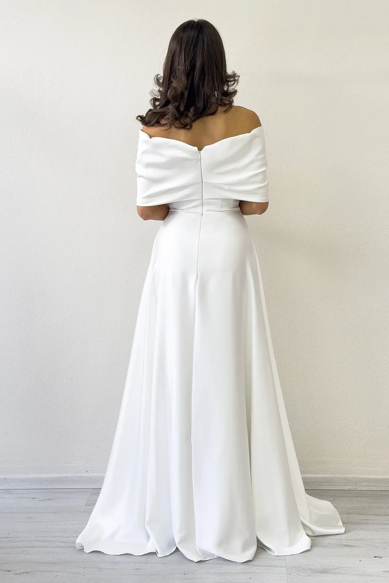 Beyaz Fiyonk Yaka Taş Detaylı Saten Abiye Elbise 