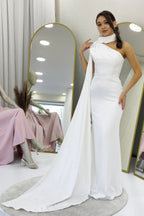 Beyaz Tek Omuz Şal Yaka Pelerin Kol Detaylı İnci İşlemeli Saten Abiye Elbise