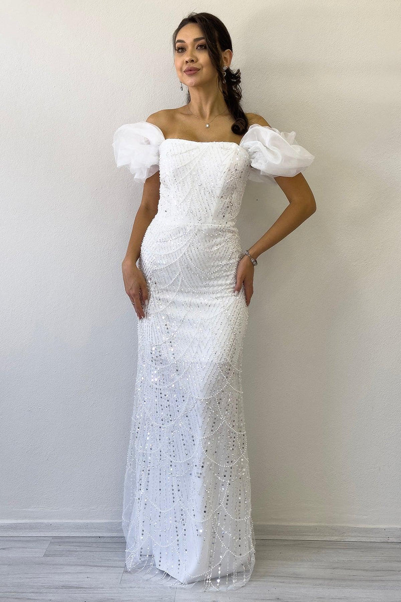  Kadın Beyaz Balon Kol Payet İşlemeli Straplez Abiye Elbise 