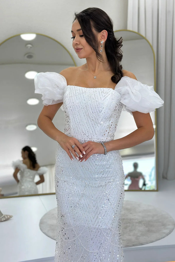  Kadın Beyaz Balon Kol Payet İşlemeli Straplez Abiye Elbise 