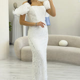 Kadın Beyaz Balon Kol Payet İşlemeli Straplez Abiye Elbise