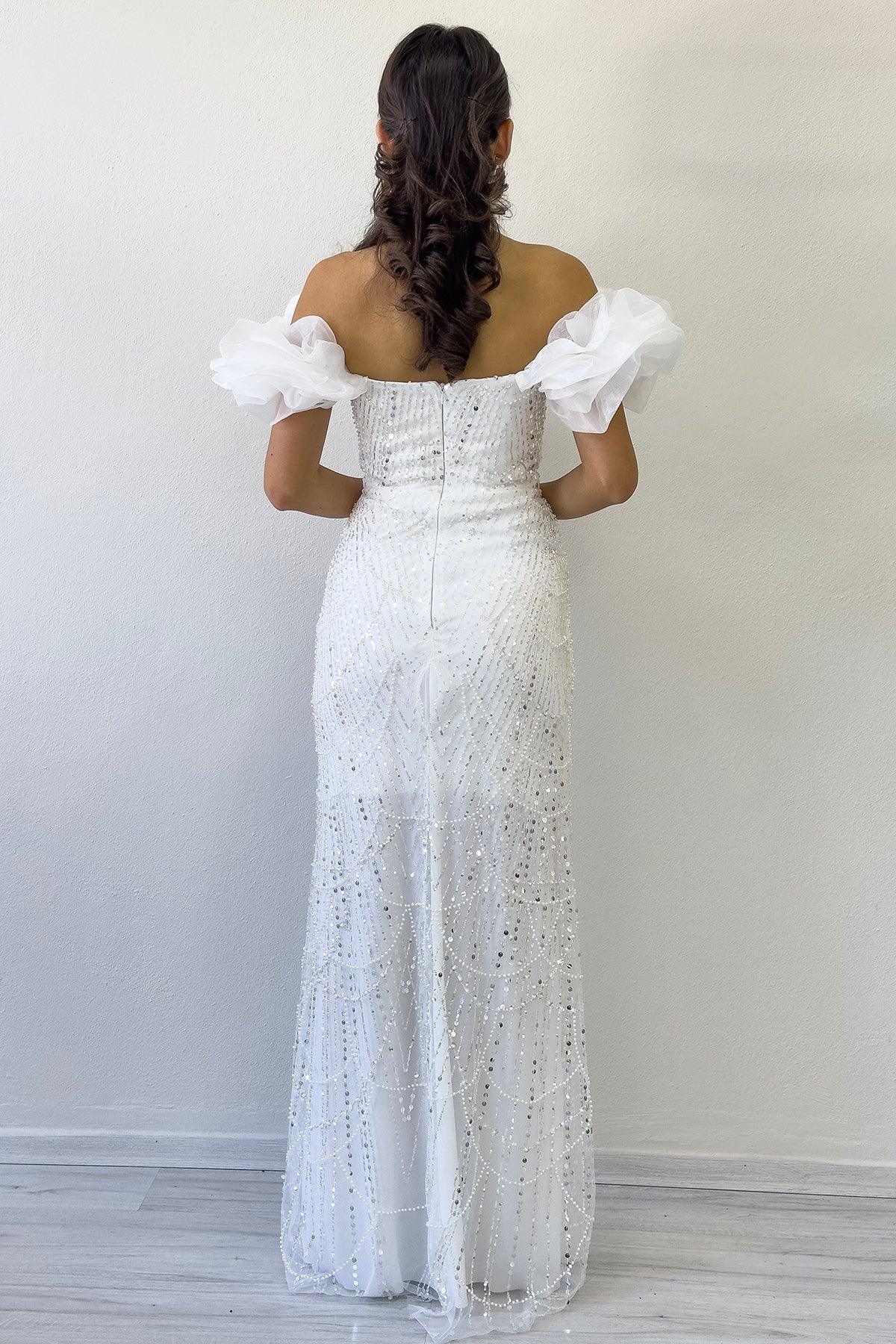  Kadın Beyaz Balon Kol Payet İşlemeli Straplez Abiye Elbise 