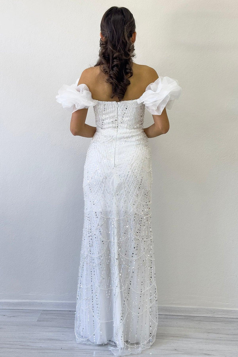  Kadın Beyaz Balon Kol Payet İşlemeli Straplez Abiye Elbise 