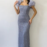 Kadın Gri Balon Kol Payet İşlemeli Straplez Abiye Elbise