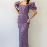 Kadın Lila Balon Kol Payet İşlemeli Straplez Abiye Elbise