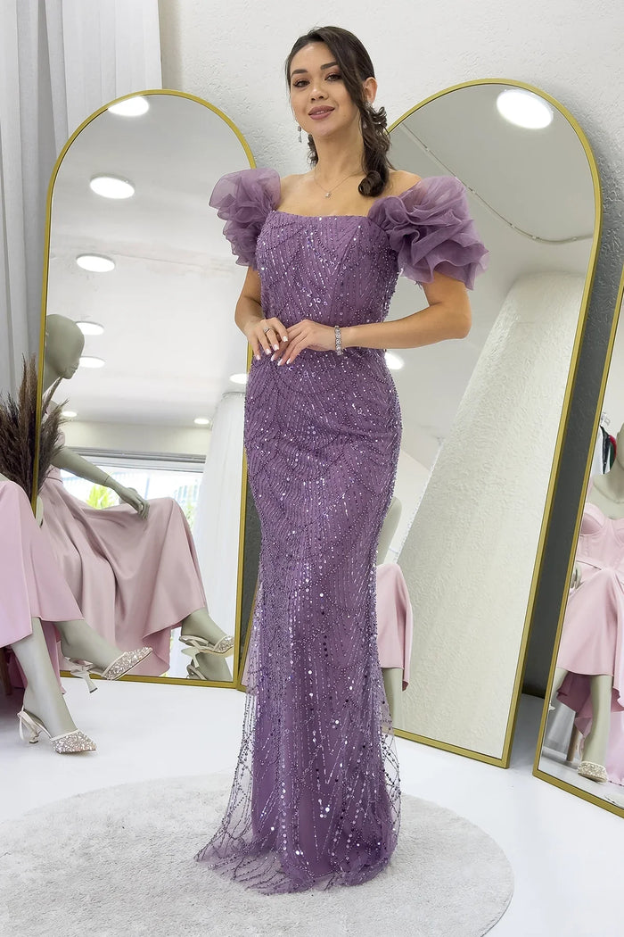  Kadın Lila Balon Kol Payet İşlemeli Straplez Abiye Elbise 