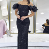 Kadın Siyah Balon Kol Payet İşlemeli Straplez Abiye Elbise