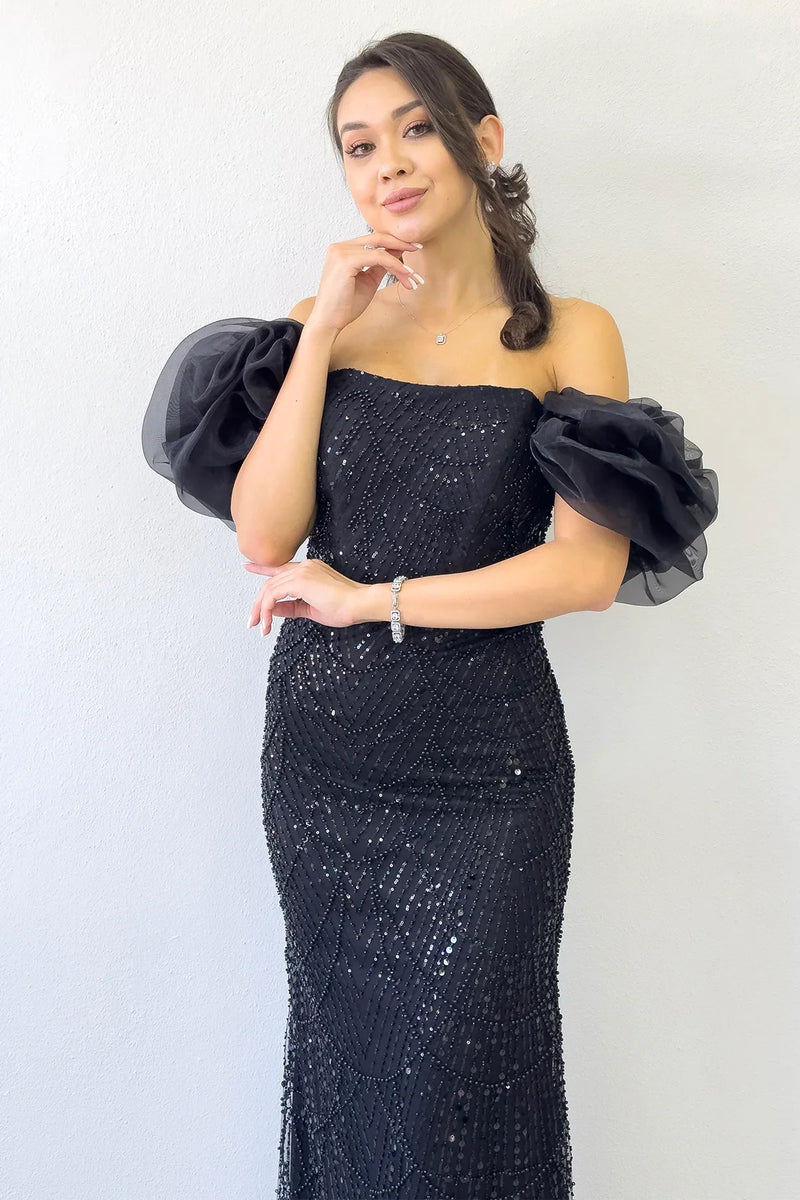 Kadın Siyah Balon Kol Payet İşlemeli Straplez Abiye Elbise